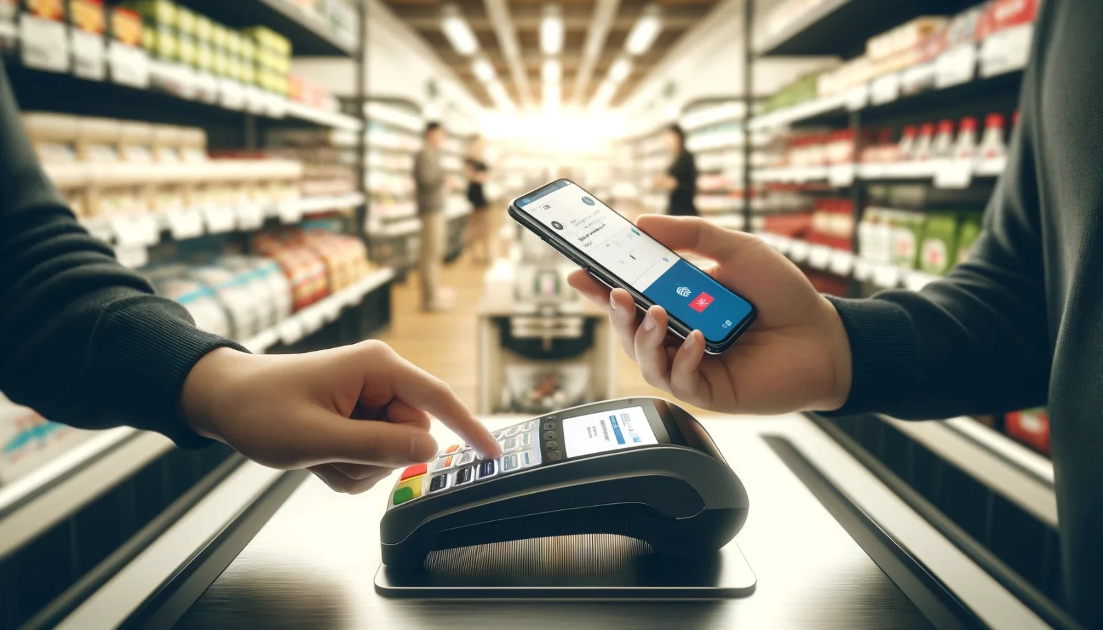 A customer pays by mobile phone at a shop counter while a card terminal is used