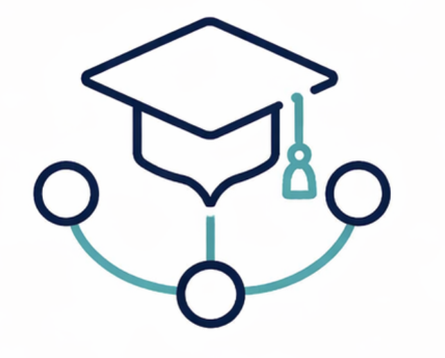 Icon of a graduation cap linked to three connected nodes